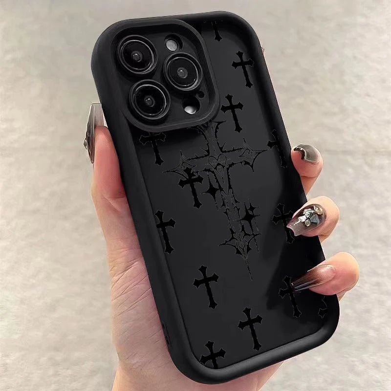 Luxury Black Cross Print Phone Case for iPhone 15 14 13 12 11 Pro Max Mini XR XS MAX 7 8 Plus SE2022 Shockproof Soft Funda Cover