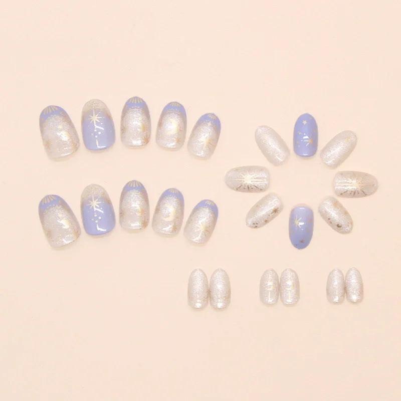 24pcs Romantic Y2k Star Press On Nails Gradient Blue French Style Gold Moon Designs Fake Nail Sweet Almond False Nails For Women