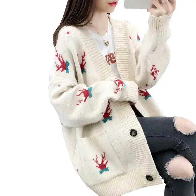 Spring Autumn Winter Oversized Sweater Coat Women Clothes Loose Mid Length Top Printing Knitting Cardigan Warm Top Tee Women's