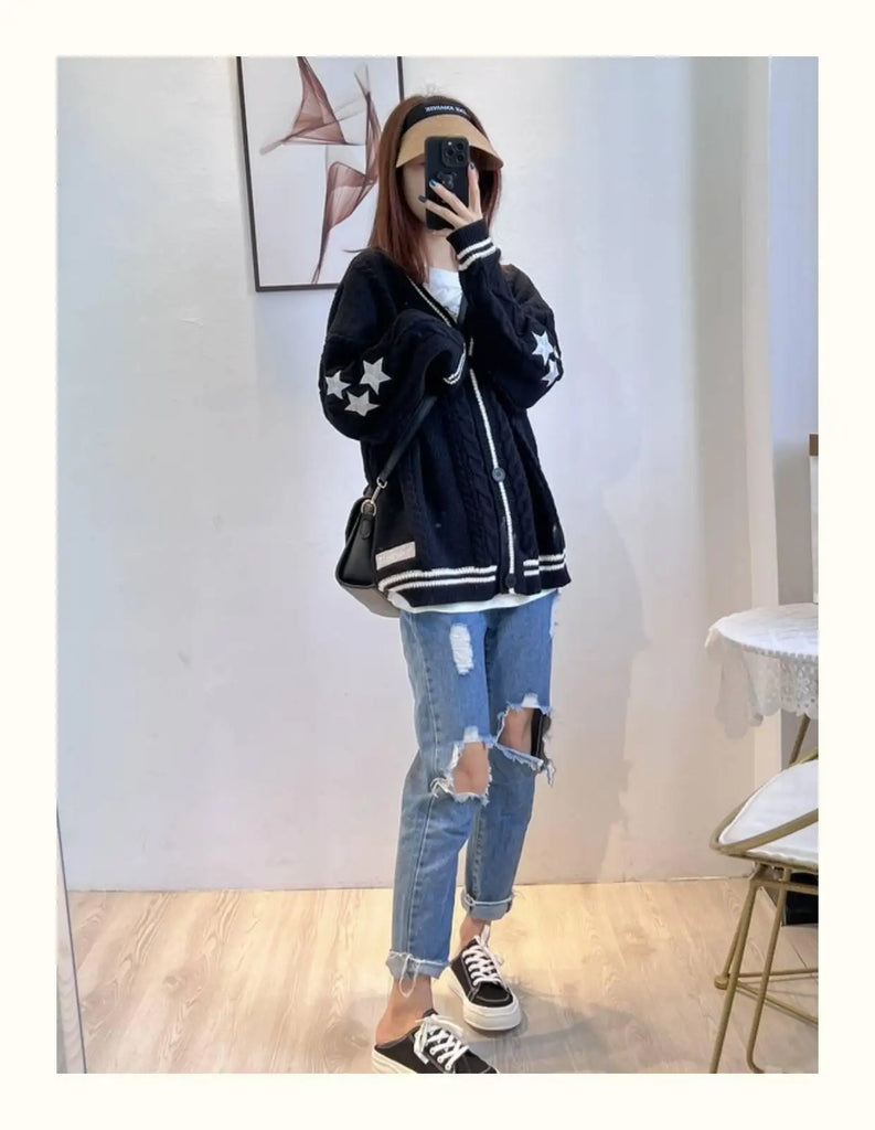 Deeptown Vintage Beige Swift Knit Cardigan Women Y2K College Oversize Star Embroidery Sweater Folklore Knitted Jumper Korean