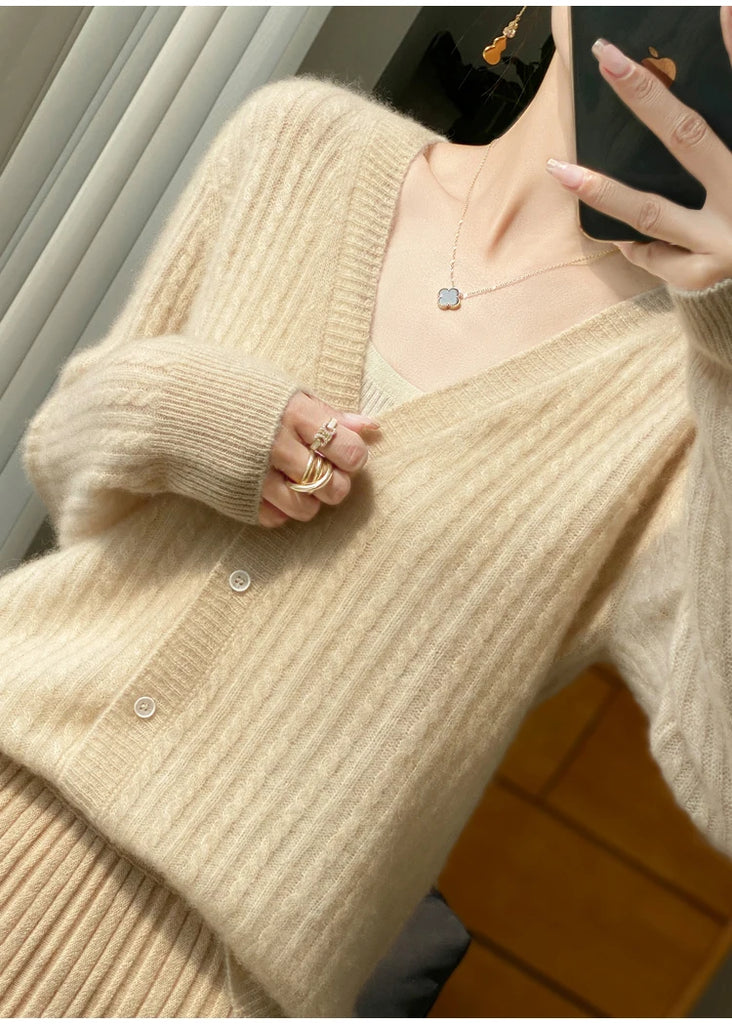 Women's V-Neck 100% Wool Cashmere Cardigan Women's Knit Sweater Spring and Autumn Super Soft Loose Large Size Long Sleeve Shirt