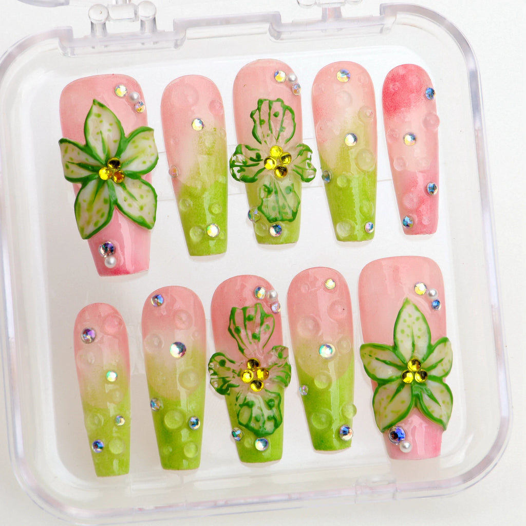 10Pcs Handmade Manicure Long Coffin Fake Nails Unique 3D New Flowers print Press On Nails Design with Adhesive Nail File Set