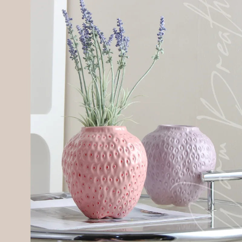 Modern Ceramic Strawberry Shape Vase Creative Ins Style Flower Insertion Device Desktop Decoration Crafts Room Home Decor