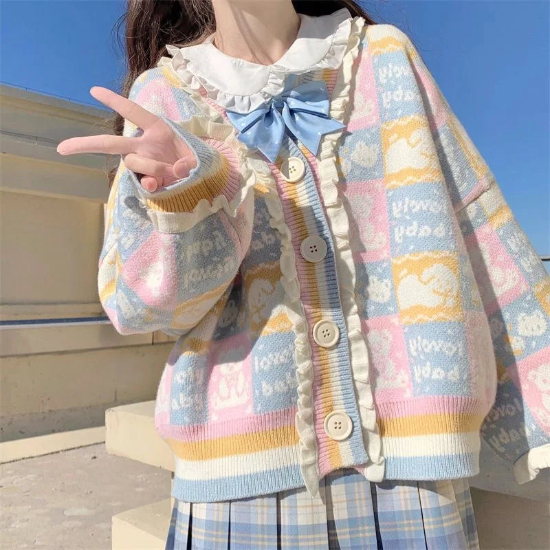 Sweet Cardigan Jackets Women's Clothing Sueter Mujer Cartoon Print Fashion Pull Femme Casual Knitting Oversized Sweater Tops