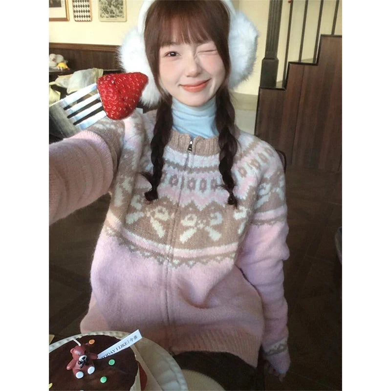 MEXZT Vintage Print Knitted Cardigan Women Japanese Long Sleeve Sweater Outerwear Winter Aesthetic Pink Knitwear Korean Jumpers