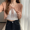 Summer Thin Outerwear Sun Protection Cardigan Ice Silk Knit Women Tops Bow Lace Up Short Suspender Skirt Shawl Airable Shirt