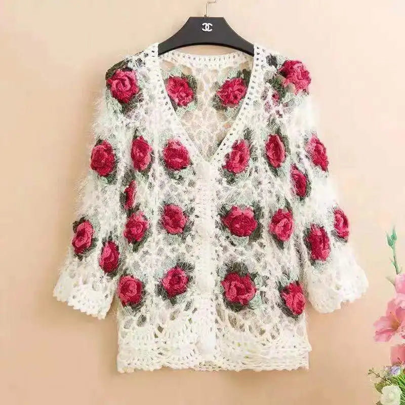 Three-Dimensional Flower Openwork Crocheted Sweater Cardigan Women's Spring And Autumn New Heavy Industry Joker Sweater 3XL Coat