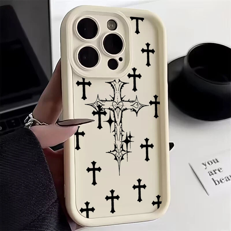 Luxury Black Cross Print Phone Case for iPhone 15 14 13 12 11 Pro Max Mini XR XS MAX 7 8 Plus SE2022 Shockproof Soft Funda Cover