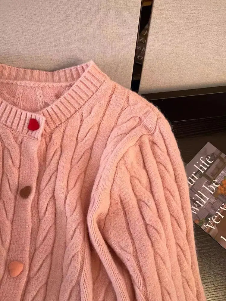 New Korean Style Western-style Sweet Color Love Button Versatile Soft Waxy Knitting Cardigan Fashion Fried Dough Twists Sweater