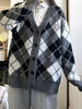 Checkered button knit cardigan, Preppy long sleeved loose sweater with pockets, women's autumn and winter clothing