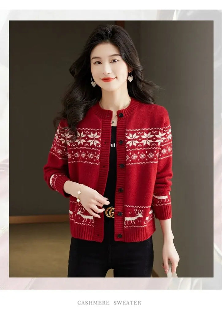 Autumn Winter Vintage Jacquard Loose Knitted Cardigan O-neck Single Breasted Contrast Sweaters Office Lady Fashion Chic Tops