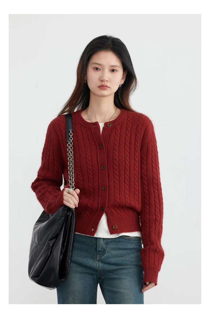 CHIC VEN Women Cardigan Casual Red  Round Neck Twisted Raccoon Hair Female Knitted Sweaters Ladies Jumpers Spring Autumn 2024