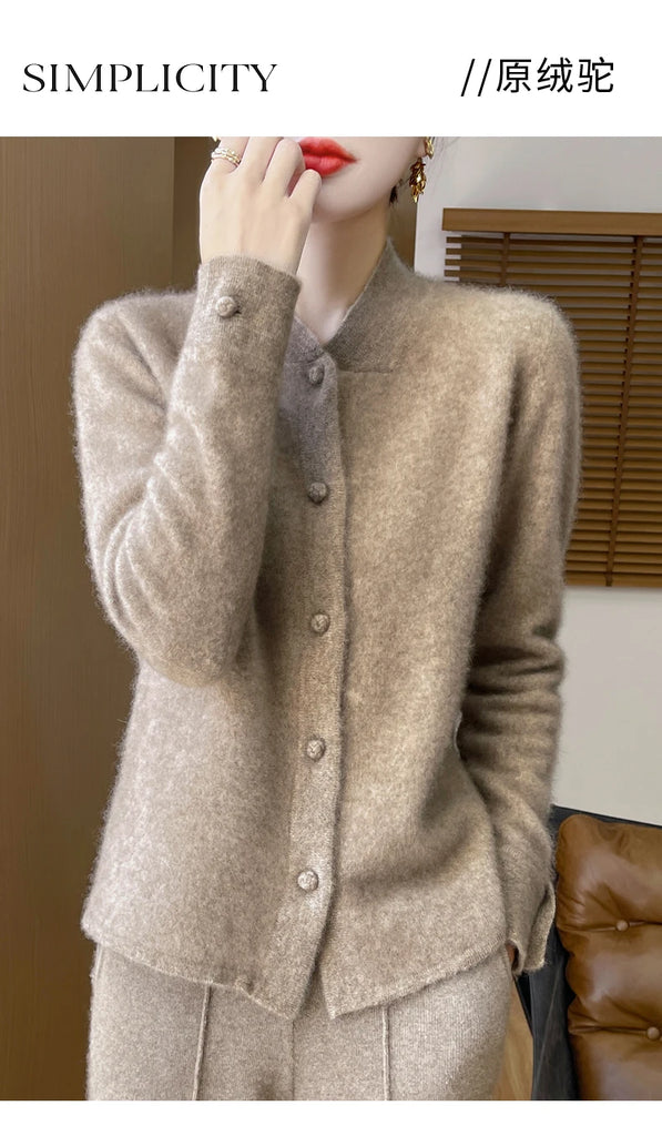 Women's Cardigan, Wool Knit Sweater, Stand Up Collar, Autumn Winter New Style, Long Sleeved Versatile, High-End Jacket, Slim Fit