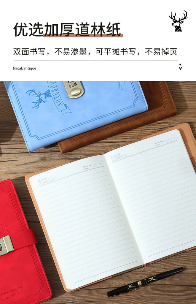 A5 Password Notes Diary Book with Lock Retro PU Leather Notebooks Simple Elk Print Notepad Girls Private Secret Diary Books