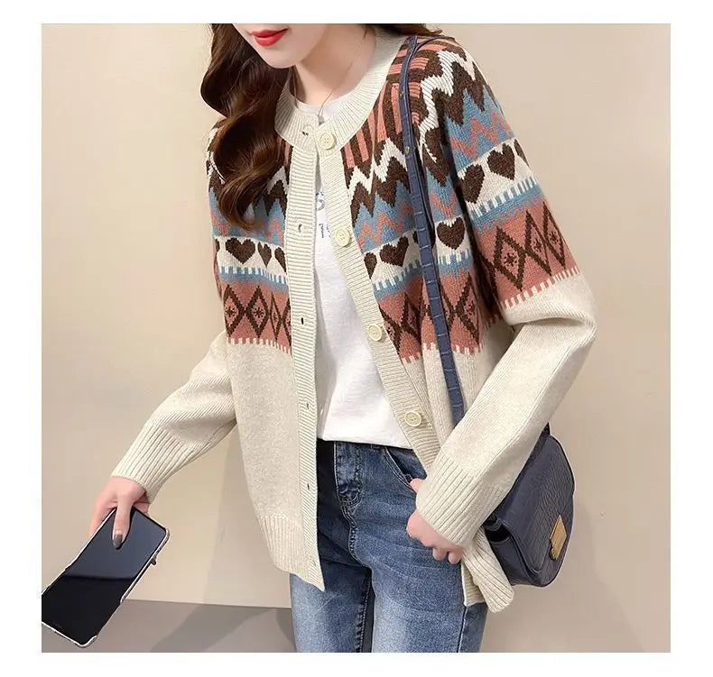 Love Jacquard Long Sleeve Knitting Cardigan Coat Women Autumn Loose O-neck Sweater Office Lady All-match Fashion Knitting Tops