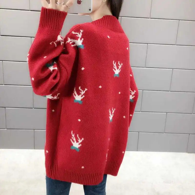 Spring Autumn Winter Oversized Sweater Coat Women Clothes Loose Mid Length Top Printing Knitting Cardigan Warm Top Tee Women's