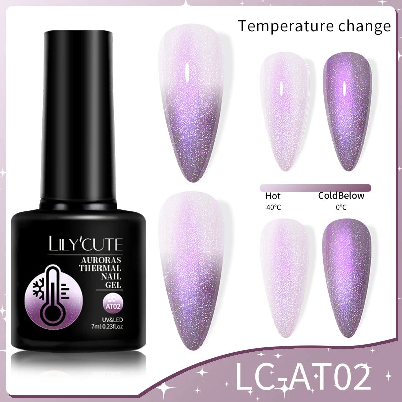 LILYCUTE Color Changing Auroras Thermal Gel Nail Polish Nude Purple Glitter Sparking Long Lasting Manicure Nails Art Gel Varnish