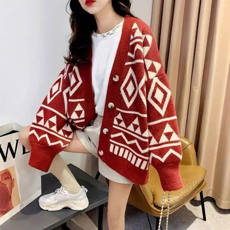 Women's 2024 Autumn/Winter New Retro Geometric Diamond Shaped Sweater Loose Outerwear Lazy Style Coat Thick Knitted Cardigan