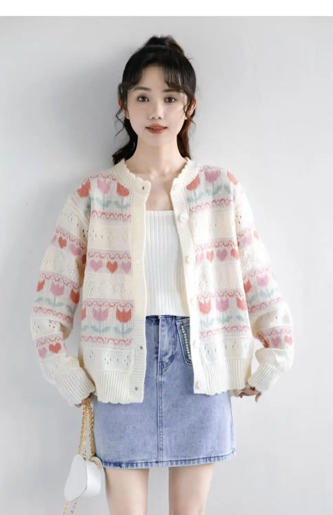 Women Autumn Sweet Kawaii Loose Hollow Out O-neck Long Sleeve Knitting Cardigan Coat Ladies Preppy Style All-match Knitwear