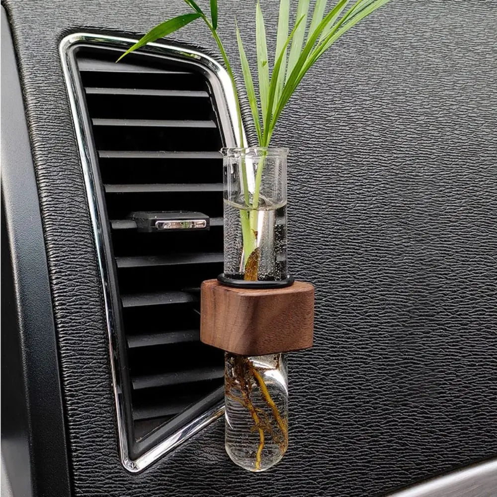 Stable Mini Car Flower Vase Clip Elegant Adjustable Car Vent Flower Vase Walnut and Glass Creative Car Vent Decor Dashboard