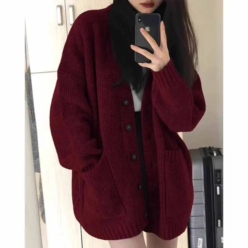 Korean Fashion Female Red Lazy Wind Loose Fitting V-neck Cardigan Knitting Sweater Women New Korean Cardigans Knitwear Tops Coat