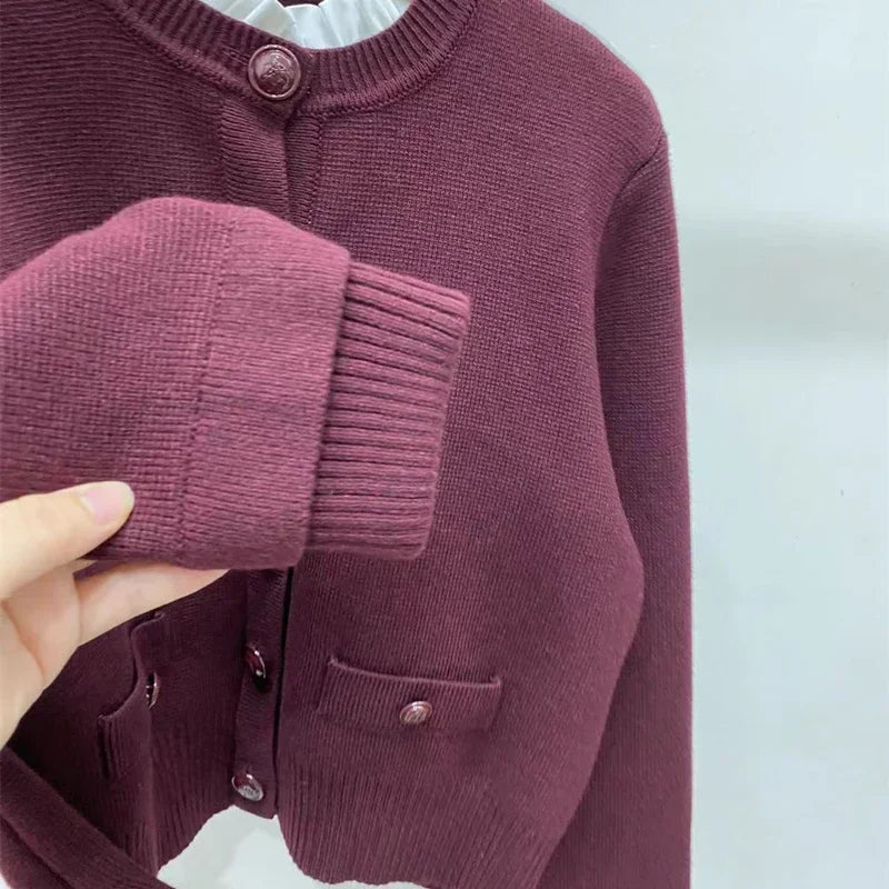 Knitted cardigan Wine red jacket short style detachable fungus collar elegant commuting S home 2024 autumn new style 5240180