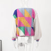 Sleeve Patchwork Female Sweaters 2023 Elegant Casual Lady Top Hollow Out Colorful Kint Cardigan Women Sweater Autumn Long Puff