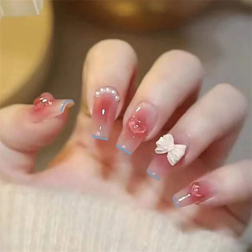 24Ps/Set Medium Long French Fake Nails Bow Japan Nude Pink with Pearls Artificial Acrylic Press on Nails Removable Stick on Nail