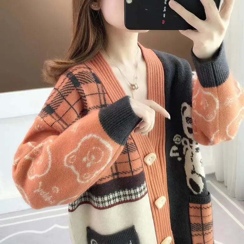 Student Kawaii Pattern Single Breasted Outerwear Knitted Sweater Women Fall Winter Casual Loose Long Sleeve Street Cardigan Coat