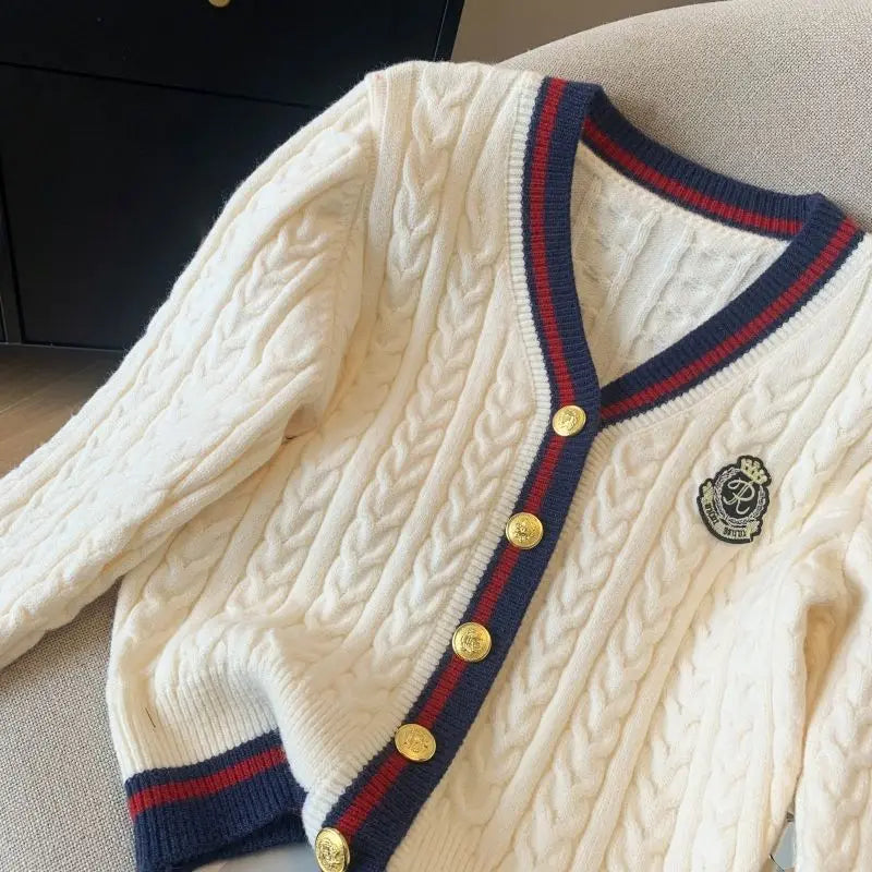 2024 Autumn Winter Preppy Style V-Neck Knitting Long Sleeve Cardigan Women Casual Appliques Single Breasted Female Loose Sweater