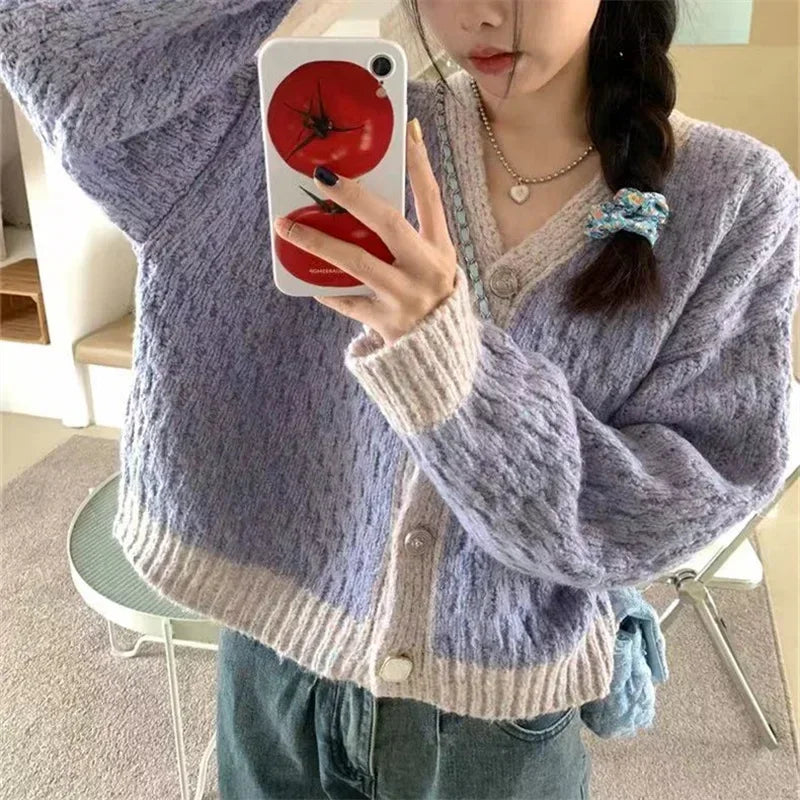 2024 Purple Patchwork Knitted Cardigan Women New Korean Spring Autumn Warm Soft V-neck Sweater Versatile Loose Knitting Jackets