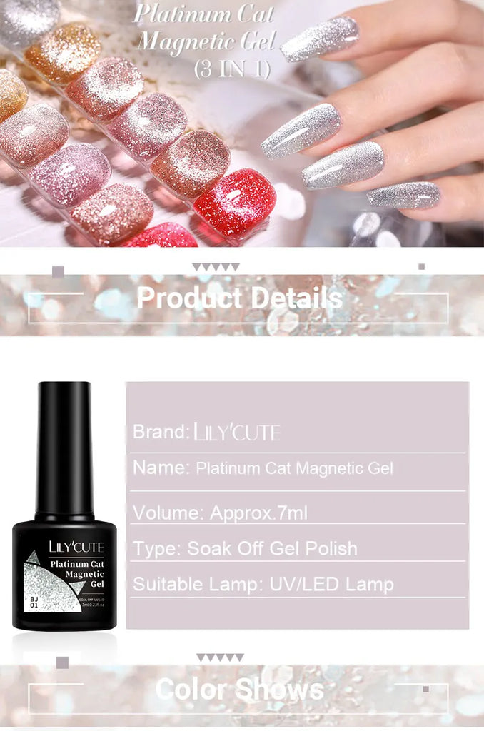 LILYCUTE 7ML Rose Gold Foils Effect Platinum Cat Magnetic Gel Nail Polish Silver Moonlight for Fall Winter Manicure Nail Art Gel