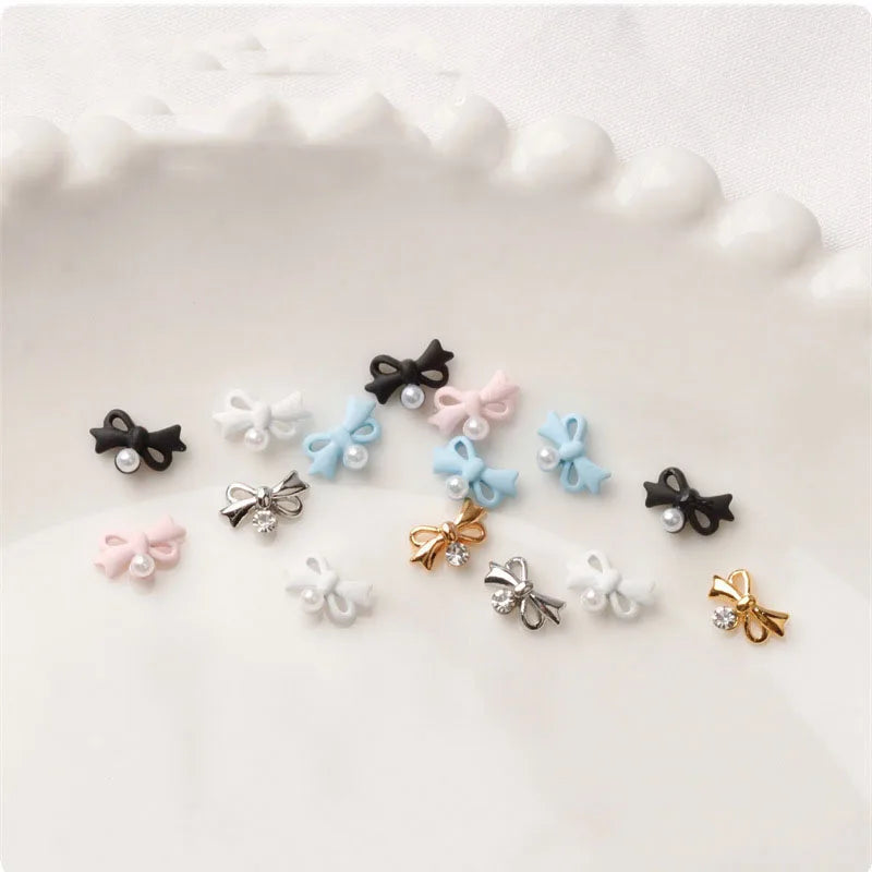 10Pcs Ribbon Bow Pearl Nail Art Charms 3D Alloy Bowknot Nail Art Rhinestones Decorations DIY Manicure Parts Accessories Kawaii