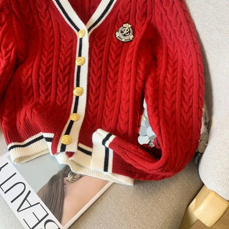 2024 Autumn Winter Preppy Style V-Neck Knitting Long Sleeve Cardigan Women Casual Appliques Single Breasted Female Loose Sweater