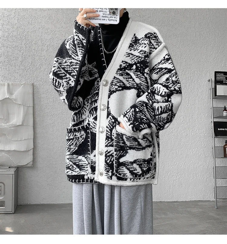 Men Fashion Printed Sweater Coat V Neck Knitted Cardigan Autumn Lazy Chic Elegant Sweater Men High Street Hip Hop Oversized 8XL