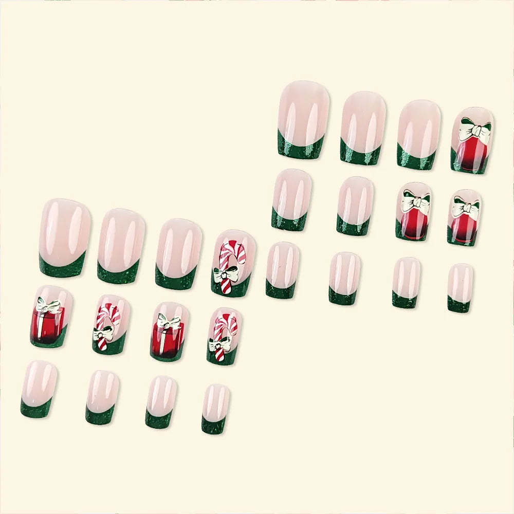 24pcs Christmas Holiday Themed Medium Square Fake Nails Pink Red & Green Glossy Press-On Nails Set Reusable Fake Nails for Women