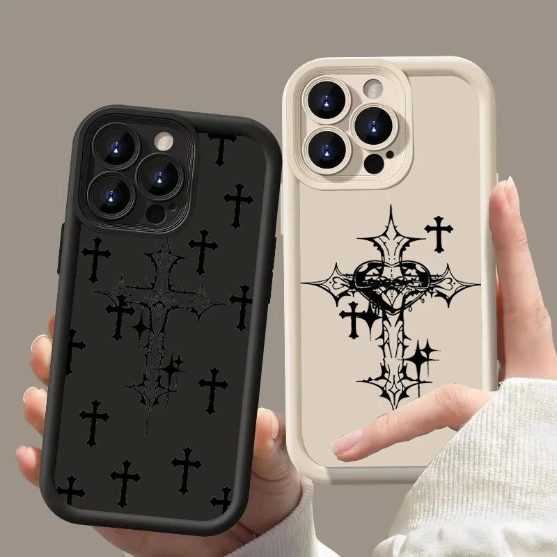 Luxury Black Cross Print Phone Case for iPhone 15 14 13 12 11 Pro Max Mini XR XS MAX 7 8 Plus SE2022 Shockproof Soft Funda Cover