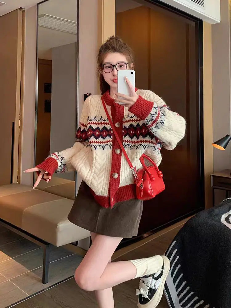 Women Fashion Striped Jacquard Thick Warm Soft Sweaters Autumn Winter New Vintage Loose O-neck Casual Red Knitted Cardigan