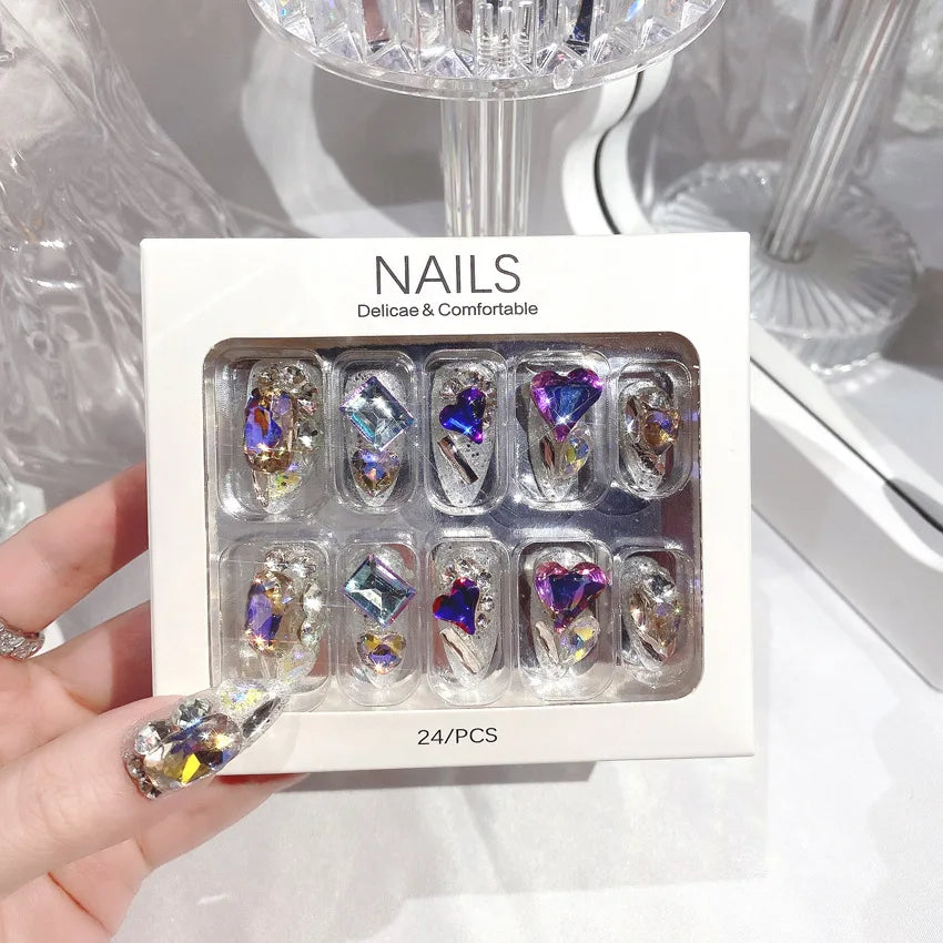 24Pcs False Nails Glitter Diamond Design Press on Nails Tips Long Fake Nails Performance Festival Acrylic Artificial Wearable