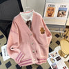 Cartoon Bear Stickers Female 2024 Autumn New Preppy Style Loose Sweet Pocket Knitted Long-sleeved Sweater Cardigan Top