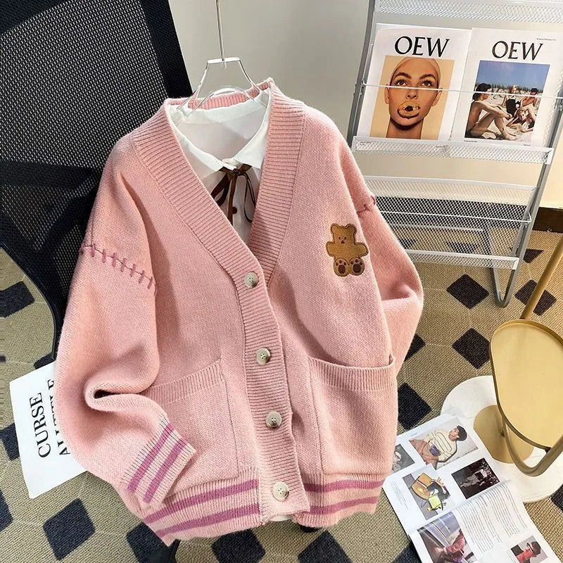 Cartoon Bear Stickers Female 2024 Autumn New Preppy Style Loose Sweet Pocket Knitted Long-sleeved Sweater Cardigan Top