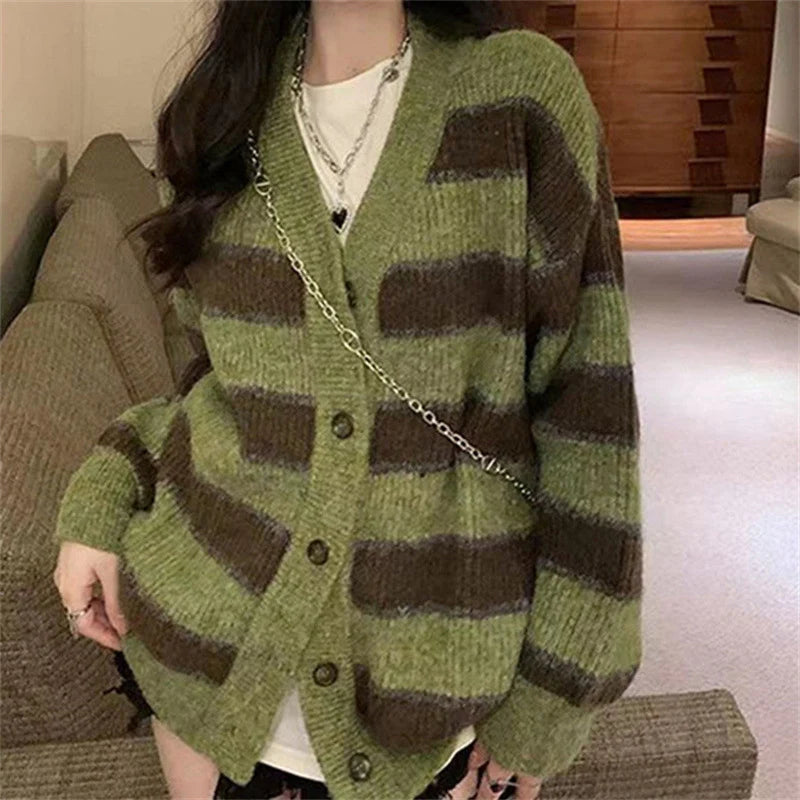 Retro V Neck Green Stripe Cardigans Women Korean Chic Single Breasted Sweater Jackets Woman Streetwear Y2K Long Sleeve Cardigan