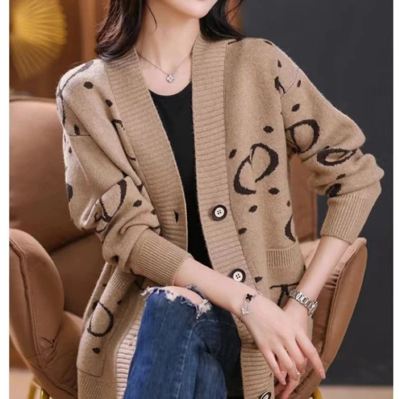 Abandoned Soil Style Autumn and Winter Knitted Cardigan Stylish Sweater Women's Coat New Large V-neck Cardigan Thick Tops