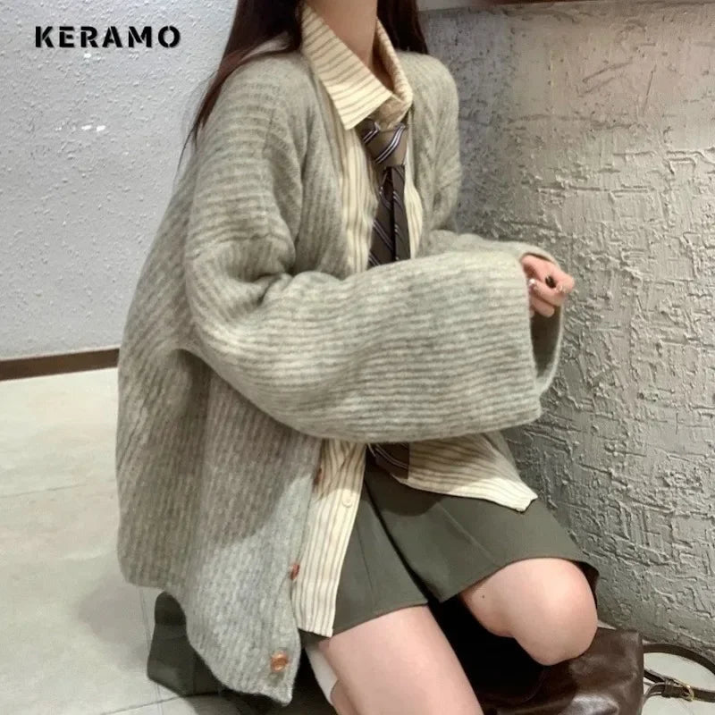 2024 Winter Vintage Casual Single Breasted Fashion Sweater Women Solid Jumpers Long Sleeve Knitting V-neck Loose Cardigans