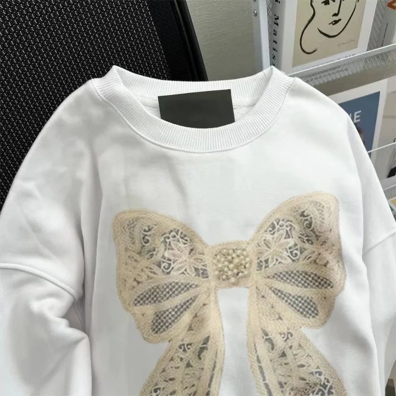 Matakawa Big Bow Hoodies Women Tops Korean Fashion Vintage Spring Autumn Sweatshirts Loose Embroidered Sudaderas Para Mujer