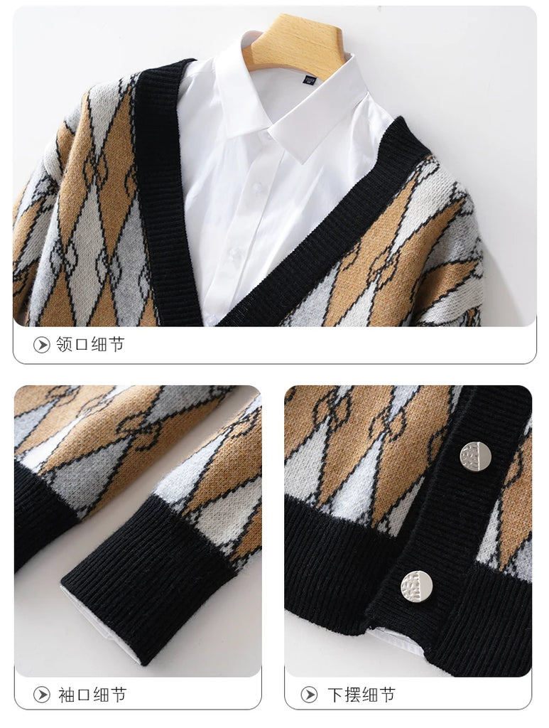 New 100% Wool Knitted Cardigan In Autumn And Winter Men's V-Neck Color Matching Diamond Plaid Sweater Casual Cashmere Coat