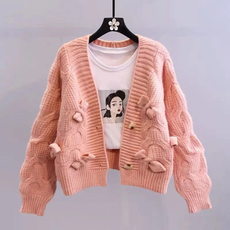 Retro Style Women V-neck Knit Cardigan Sweater Coat Autumn Winter Female Lazy Wind Cardigans Sweaters 2024 Ladies Knitted Jacket