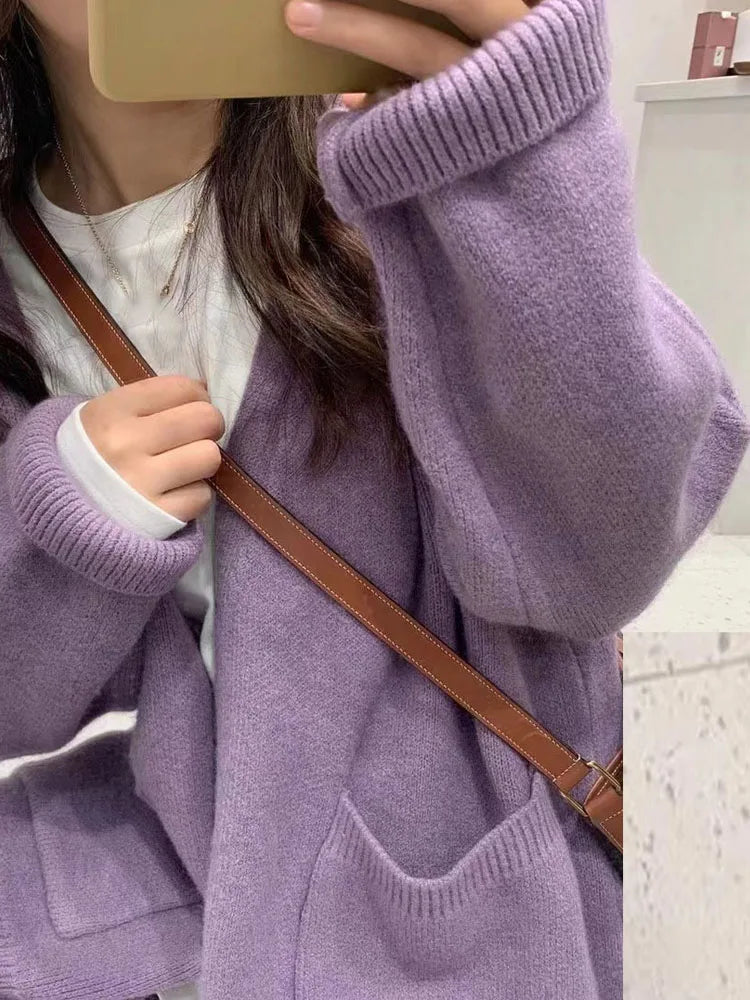 OHRYIYIE 2023 Autumn Winter New Knit Female Oversize Cardigan Women Loose Casual V Neck Knitted Sweater Coat Lady Solid Cardigan