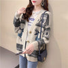 Women's V-neck Long Sleeve Vintage Fold Cartoon Sweater Spring and Autumn New Loose Fashion Pocket Button Knitted Cardigan Coat