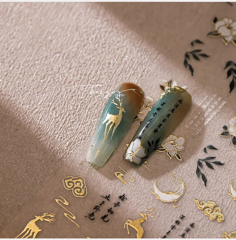 Chinese Style Gold Stamped God Deer Moon Auspicious Clouds Crane Lotus Flower 3D Self-adhesive Nail Art Stickers Manicure Decals